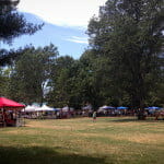 Grassy park with large trees, colorful tents, and people at a 4th of July event. Children play on a swing set.
